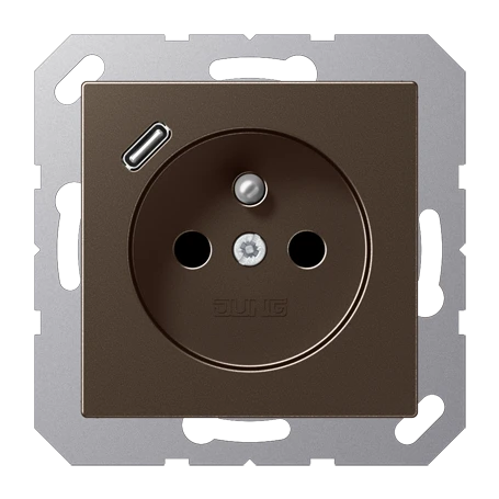 Steckdose, französisch/belgisches System mit USB-Ladegerät (JUNG Quick Charge®), Safety Plus, Thermoplast lackiert, mokka