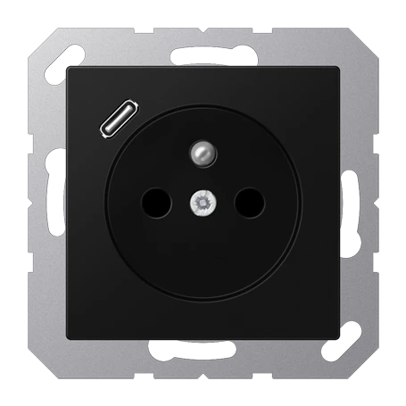 Steckdose, französisch/belgisches System mit USB-Ladegerät (JUNG Quick Charge®), Safety Plus, Thermoplast lackiert, graphitschwarz matt