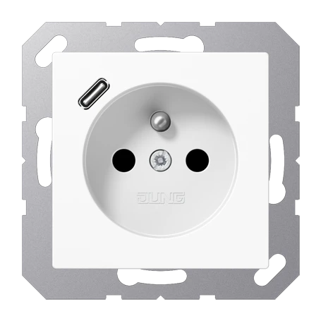 Steckdose, französisch/belgisches System mit USB-Ladegerät (JUNG Quick Charge®), Safety Plus, Thermoplast, alpinweiß