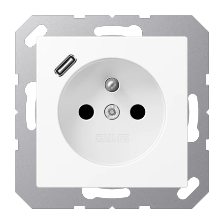 Steckdose, französisch/belgisches System mit USB-Ladegerät (JUNG Quick Charge®), Safety Plus, Thermoplast lackiert, schneeweiß matt