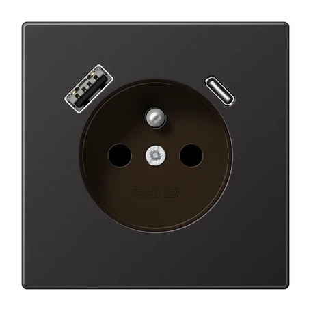 Prise, système français et belge avec chargeur USB, Safety Plus, aluminium laqué, Canon de fusil (aluminium laqué)