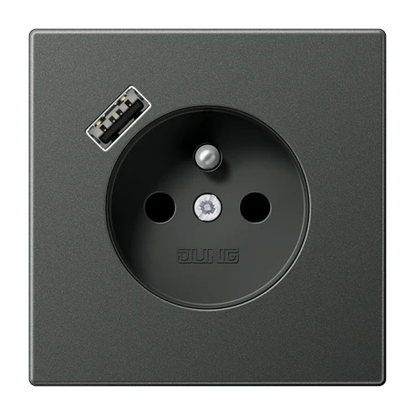 Prise, système français et belge avec chargeur USB (JUNG Quick Charge®), Safety Plus, aluminium laqué, Titane
