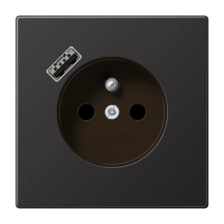 Prise, système français et belge avec chargeur USB (JUNG Quick Charge®), Safety Plus, aluminium laqué, Canon de fusil (aluminium laqué)