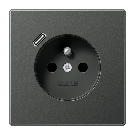 Prise, système français et belge avec chargeur USB (JUNG Quick Charge®), Safety Plus, aluminium laqué, Titane