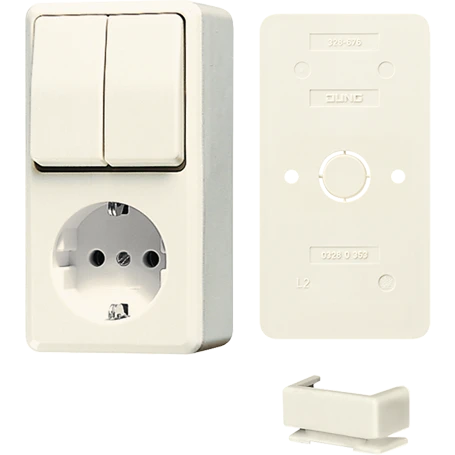 Combinatie wandcontactdoos met randaarde 16 A 250 V ~ met serieschakelaar 10 AX 250 V ~ met bodemplaat en kanaalinvoerstukje K 25, duroplast, AP 600, wit, verticaal