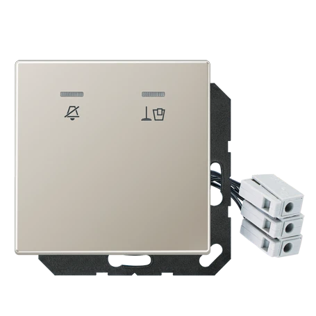 Hotel centre plate with LED unit 24 V, corridor unit 1-gang, symbols "Do not disturb" and "Make up room", with lens, stainless steel