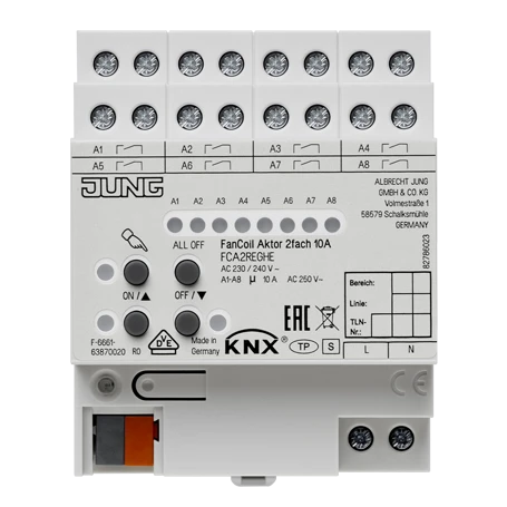 KNX fan coil actuator 2-gang, rail mounting device, 4 rail units