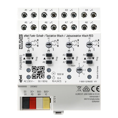 Actuador pulsador/de conmutación 8 fases / actuador persianas 4 fases eNet, montaje en carril DIN, 4 módulos