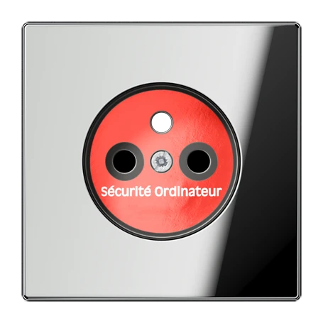 Afdekking voor contactdoos basiselement, Frans/Belgisch systeem, Safety Plus, met opschrift "Sécurité Ordinateur", glanzend chroom