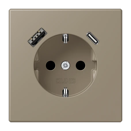 SCHUKO® socket with USB charger, Safety Plus, thermoplastic lacquered, ombre naturelle moyenne
