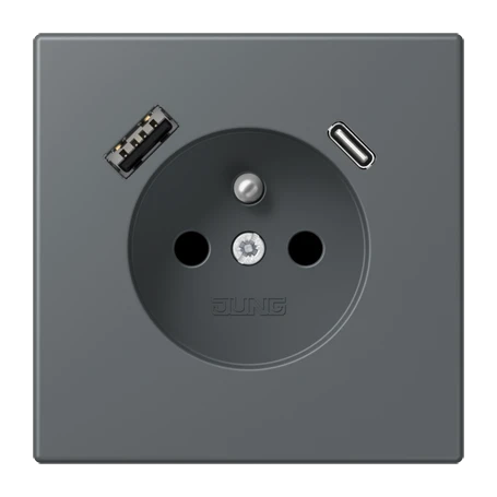 Prise, système français et belge avec chargeur USB, Safety Plus, thermoplastique laqué, gris foncé 31 (32010)