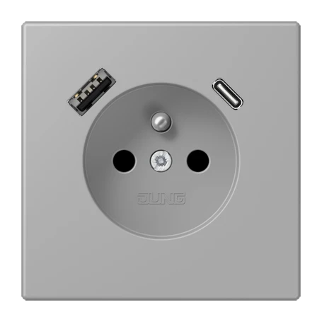 Prise, système français et belge avec chargeur USB, Safety Plus, thermoplastique laqué, gris moyen (32012)