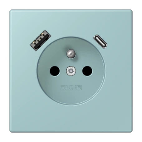 Prise, système français et belge avec chargeur USB, Safety Plus, thermoplastique laqué, céruléen clair