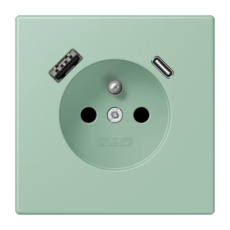 Prise, système français et belge avec chargeur USB, Safety Plus, thermoplastique laqué, vert anglais clair