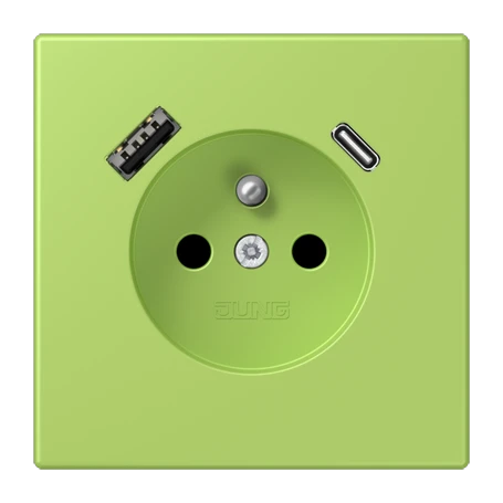 Prise, système français et belge avec chargeur USB, Safety Plus, thermoplastique laqué, vert clair