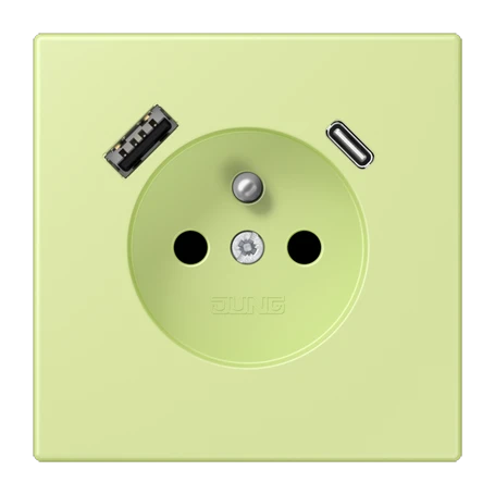 Prise, système français et belge avec chargeur USB, Safety Plus, thermoplastique laqué, vert jaune clair