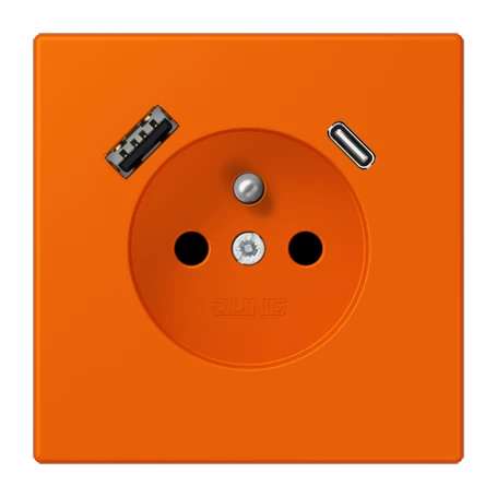 Prise, système français et belge avec chargeur USB, Safety Plus, thermoplastique laqué, orange