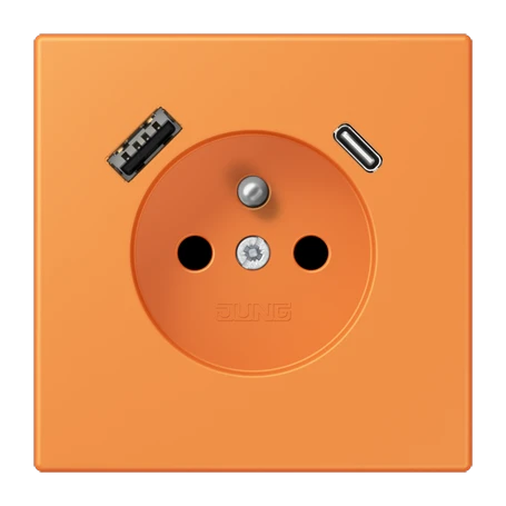 Prise, système français et belge avec chargeur USB, Safety Plus, thermoplastique laqué, orange clair
