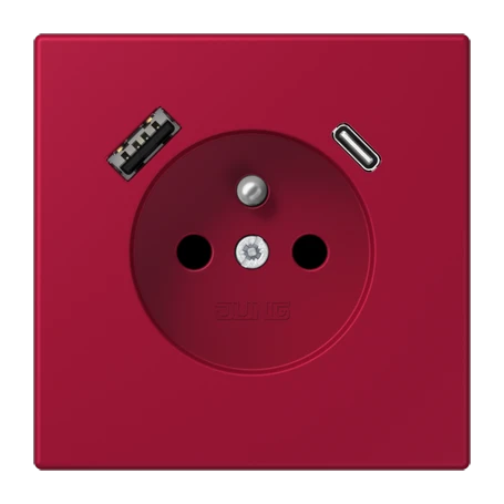 Prise, système français et belge avec chargeur USB, Safety Plus, thermoplastique laqué, rouge carmin