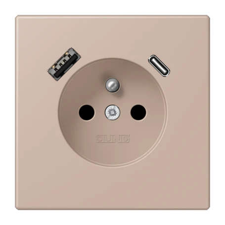 Prise, système français et belge avec chargeur USB, Safety Plus, thermoplastique laqué, ombre brûlée claire