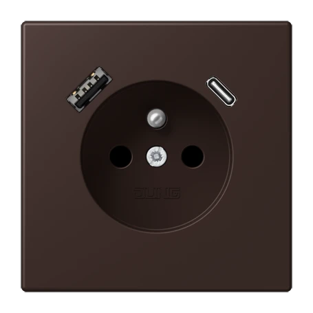 Prise, système français et belge avec chargeur USB, Safety Plus, thermoplastique laqué, terre d’ombre brûlée 59