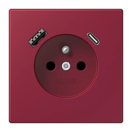 Prise, système français et belge avec chargeur USB, Safety Plus, thermoplastique laqué, le rubis