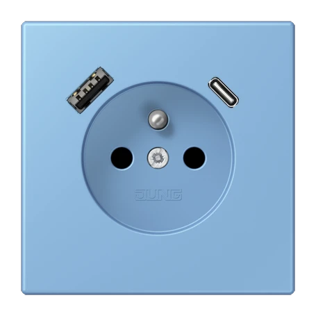 Prise, système français et belge avec chargeur USB, Safety Plus, thermoplastique laqué, bleu céruléen 59