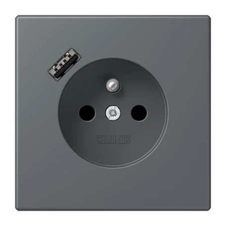 Steckdose, französisch/belgisches System mit USB-Ladegerät (JUNG Quick Charge®), Safety Plus, Thermoplast lackiert, gris foncé 31 (32010)
