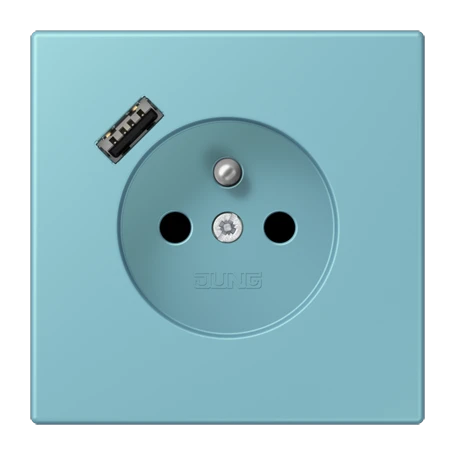 Steckdose, französisch/belgisches System mit USB-Ladegerät (JUNG Quick Charge®), Safety Plus, Thermoplast lackiert, céruléen moyen