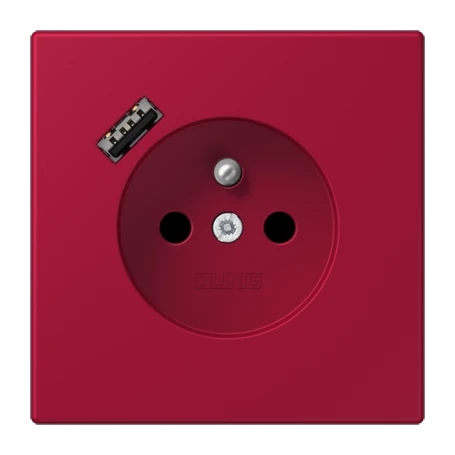 Steckdose, französisch/belgisches System mit USB-Ladegerät (JUNG Quick Charge®), Safety Plus, Thermoplast lackiert, rouge carmin