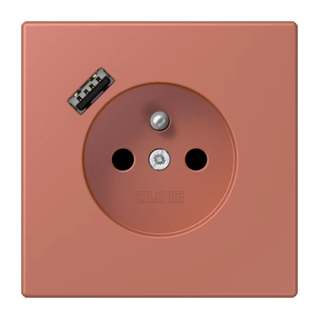 Steckdose, französisch/belgisches System mit USB-Ladegerät (JUNG Quick Charge®), Safety Plus, Thermoplast lackiert, terre sienne brique