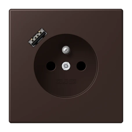 Steckdose, französisch/belgisches System mit USB-Ladegerät (JUNG Quick Charge®), Safety Plus, Thermoplast lackiert, terre d’ombre brûlée 59