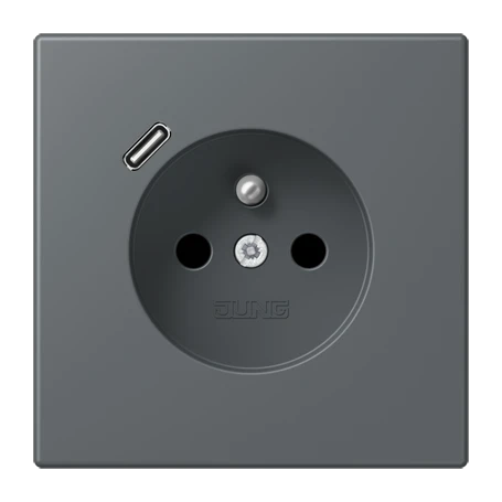Steckdose, französisch/belgisches System mit USB-Ladegerät (JUNG Quick Charge®), Safety Plus, Thermoplast lackiert, gris foncé 31 (32010)