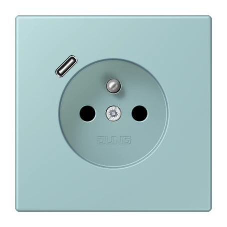 Steckdose, französisch/belgisches System mit USB-Ladegerät (JUNG Quick Charge®), Safety Plus, Thermoplast lackiert, céruléen clair
