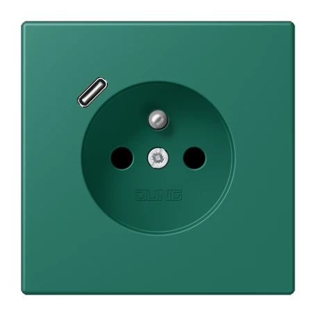 Steckdose, französisch/belgisches System mit USB-Ladegerät (JUNG Quick Charge®), Safety Plus, Thermoplast lackiert, vert anglais