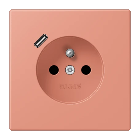 Steckdose, französisch/belgisches System mit USB-Ladegerät (JUNG Quick Charge®), Safety Plus, Thermoplast lackiert, l'ocre rouge moyen