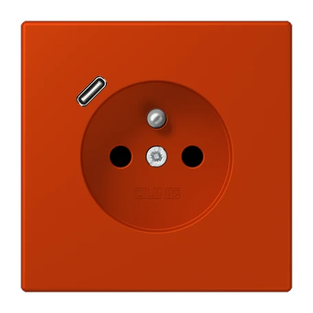 Steckdose, französisch/belgisches System mit USB-Ladegerät (JUNG Quick Charge®), Safety Plus, Thermoplast lackiert, rouge vermillon 59