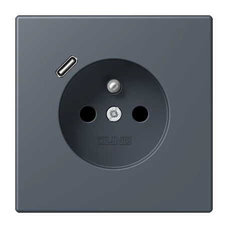Steckdose, französisch/belgisches System mit USB-Ladegerät (JUNG Quick Charge®), Safety Plus, Thermoplast lackiert, gris fonce 59