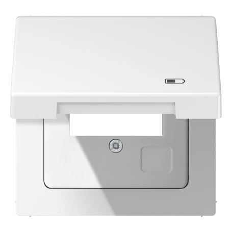 Hinged lid with spring, symbol "charger", Thermoplastic, white