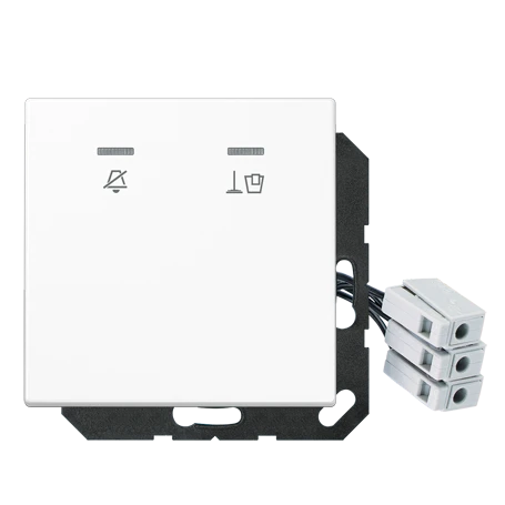 Hotel centre plate with LED unit 230 V, corridor unit 1-gang, symbols "Do not disturb" and "Make up room", with lens, white