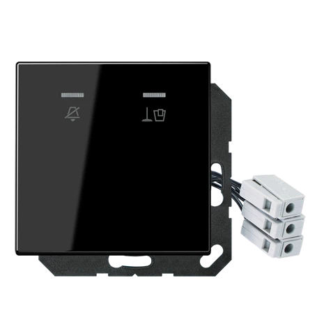 Hotel centre plate with LED unit 24 V, corridor unit 1-gang, symbols "Do not disturb" and "Make up room", with lens, black