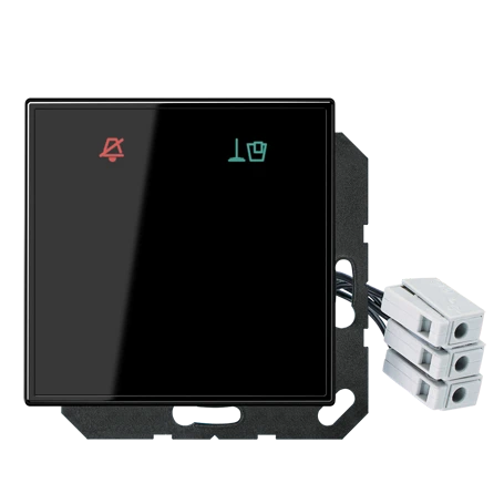 Hotel centre plate (glass) with LED unit 24 V, corridor unit 1-gang, symbols "Do not disturb" and "Make up room", KO6, black
