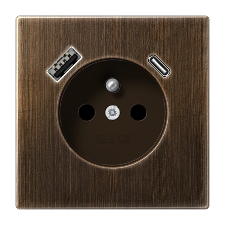 Prise, système français et belge avec chargeur USB, Safety Plus, Laiton ancien