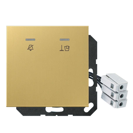 Hotel centre plate with LED unit 24 V, corridor unit 1-gang, symbols "Do not disturb" and "Make up room", with lens, classic brass